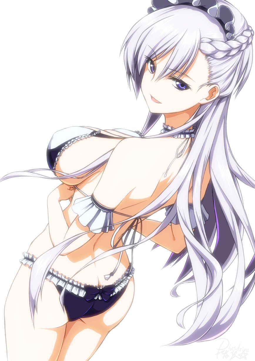 1girl alternate_costume ass azur_lane back bangs bare_shoulders belfast_(azur_lane) bikini blush bow_bikini braid breasts butt_crack choker dutch_angle eyebrows_visible_through_hair french_braid frilled_bikini frilled_choker frills from_behind halter_top halterneck hands_together highres koutarou_(plusdrive) large_breasts long_hair looking_at_viewer looking_back maid_headdress open_mouth purple_bikini shoulder_blades sidelocks signature silver_hair simple_background smile solo swimsuit thighs violet_eyes white_background