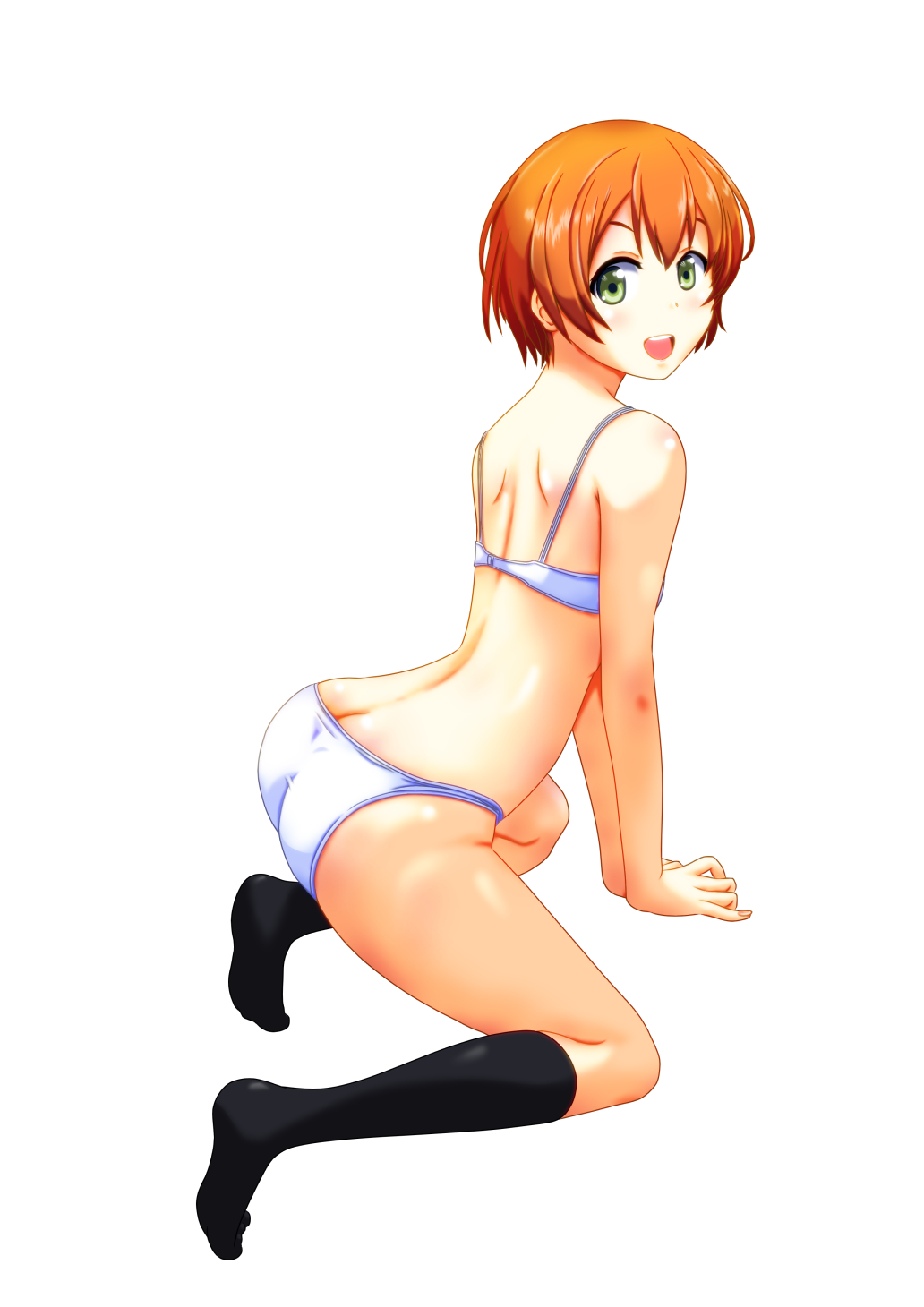 1girl :d all_fours ass back blush bra butt_crack from_side green_eyes highres hoshizora_rin jou kneehighs kneeling looking_at_viewer looking_to_the_side love_live! love_live!_school_idol_project open_mouth orange_hair panties shiny shiny_skin shoulder_blades sidelocks smile solo tiptoes underwear white_bra white_panties