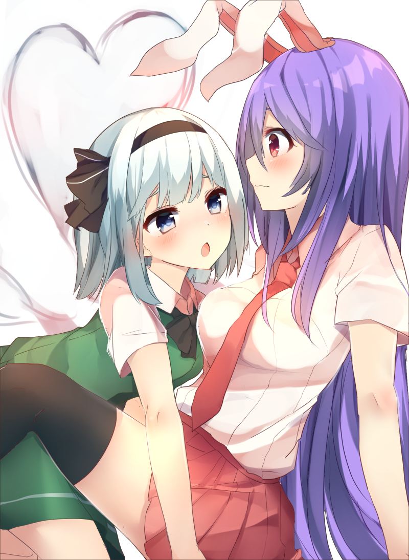 2girls animal_ears arm_support bangs black_hairband black_legwear black_neckwear black_ribbon blue_eyes blush breasts commentary_request cowboy_shot glomp green_vest hair_ribbon hairband heart hitodama hug karasusou_nano konpaku_youmu konpaku_youmu_(ghost) leaning_forward leg_up long_hair looking_at_another medium_breasts miniskirt multiple_girls neck_ribbon necktie open_mouth purple_hair rabbit_ears red_eyes red_neckwear red_skirt reisen_udongein_inaba ribbon shirt short_hair short_sleeves silver_hair sitting skirt thigh-highs thighs touhou vest white_background white_shirt wing_collar yuri zettai_ryouiki