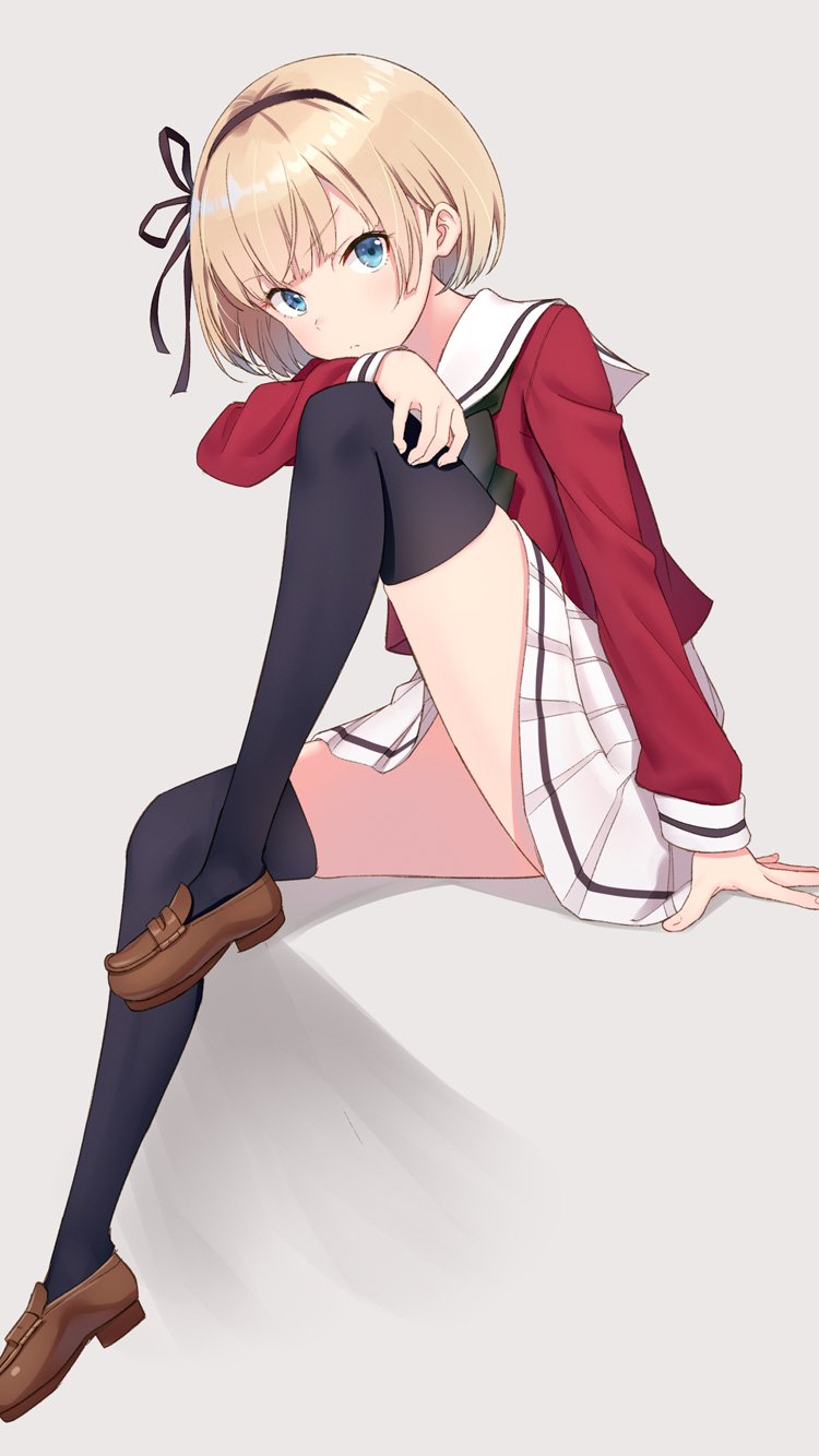 1girl black_legwear blonde_hair blue_eyes blush brown_footwear character_request closed_mouth copyright_request eyebrows_visible_through_hair hairband highres hyuuga_azuri kneehighs loafers long_sleeves looking_at_viewer shoes sitting skirt solo thigh-highs white_skirt