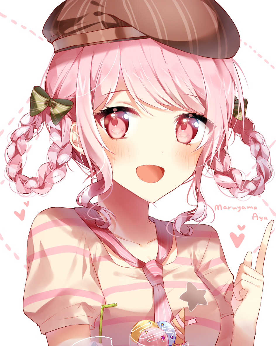 1girl :d alternate_hairstyle bang_dream! bangs beret blush bow braid brown_hat character_name eyebrows_visible_through_hair food green_bow hair_bow hair_rings hat heart ice_cream index_finger_raised looking_at_viewer maruyama_aya neckerchief open_mouth pink pink_eyes pink_hair pink_neckwear pink_shirt shirt short_sleeves sidelocks smile solo striped striped_bow striped_hat striped_shirt taya_5323203 upper_body