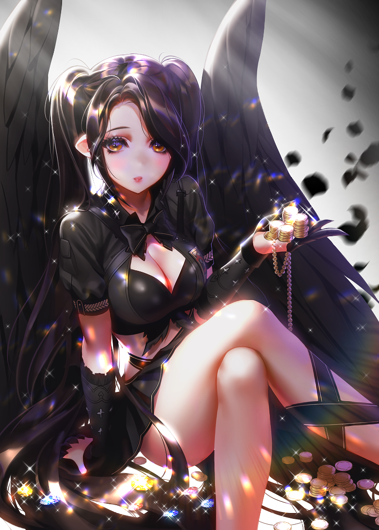 1girl :o ass black_bow black_hair black_jacket black_skirt black_wings blush bow breasts bustier cleavage coin cropped_jacket detached_sleeves feathered_wings front-tie_top gem hair_over_one_eye jacket large_breasts legs_crossed long_hair looking_at_viewer mabinogi miniskirt pleated_skirt pointy_ears puffy_short_sleeves puffy_sleeves short_sleeves sitting skirt solo sparkle twintails very_long_hair wings yellow_eyes zenke