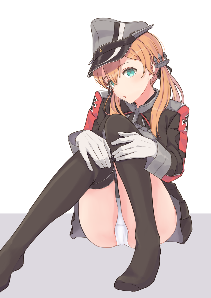1girl anchor_hair_ornament aqua_eyes ass bangs black_legwear black_skirt blonde_hair blush breasts eyebrows_visible_through_hair gloves hair_between_eyes hair_ornament hands_on_own_knees hat highres kantai_collection knees_up large_breasts long_hair long_sleeves looking_at_viewer low_twintails military military_uniform open_mouth panties peaked_cap prinz_eugen_(kantai_collection) sidelocks sitting skirt solo thigh-highs thighs twintails ueno_(sakumogu-029) underwear uniform white_gloves white_panties