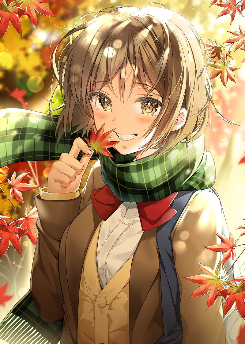 1girl :d autumn_leaves bag bangs blurry blurry_background bow bowtie brown_jacket commentary_request dappled_sunlight day depth_of_field eyebrows_visible_through_hair falling_leaves fingernails fringe green_scarf grin h_shai hand_up holding holding_leaf jacket leaf lens_flare long_sleeves medium_hair open_clothes open_jacket open_mouth original outdoors parted_bangs plaid plaid_scarf red_bow red_neckwear scarf school_uniform shiny shiny_hair shirt shoulder_bag sleeves_past_wrists smile solo sparkle sunlight teeth upper_body white_shirt yellow_eyes