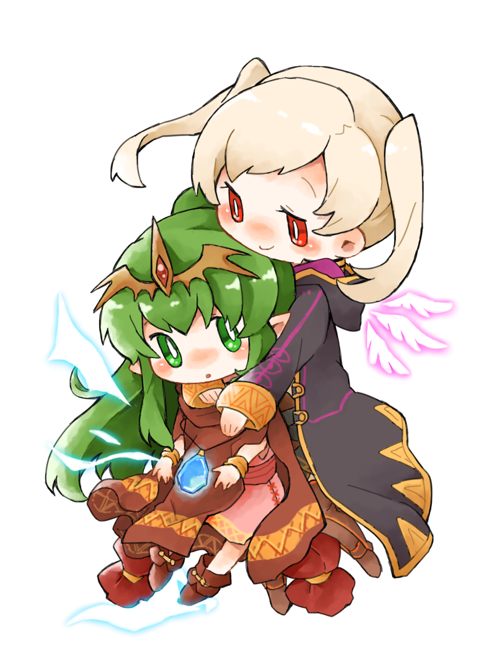 2girls bracelet chiki cloak closed_mouth dress female_my_unit_(fire_emblem:_kakusei) fire_emblem fire_emblem:_kakusei fire_emblem:_mystery_of_the_emblem fire_emblem_heroes gimurei green_eyes green_hair highres hood hood_down hug hug_from_behind jewelry long_hair long_sleeves mamkute multiple_girls my_unit_(fire_emblem:_kakusei) nintendo parted_lips pink_dress pointy_ears ponytail red_eyes robe shunrai simple_background smile stone tiara twintails white_background white_hair