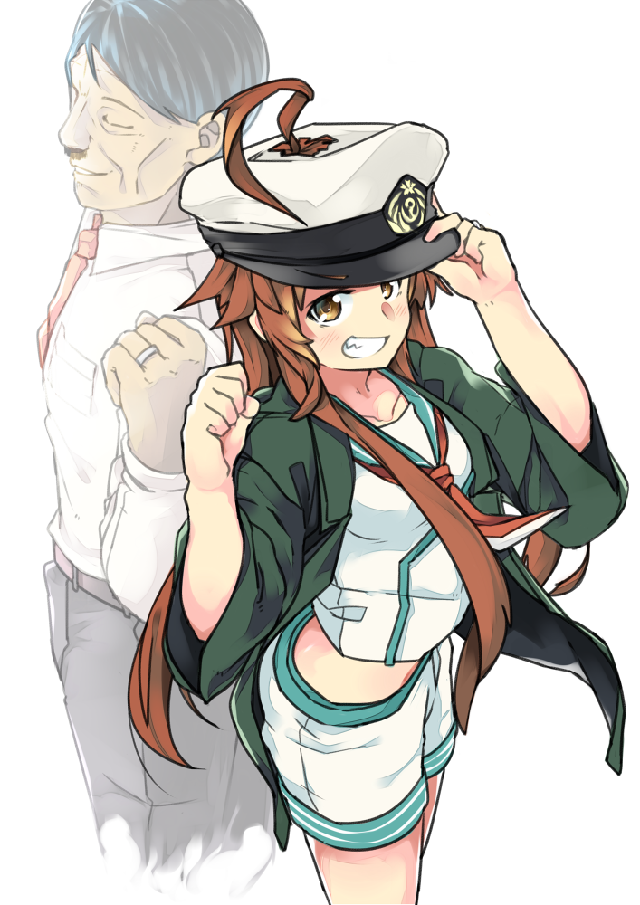 1boy 1girl adolf_hitler ahoge ahoge_through_headwear back-to-back black_hair blazer breasts brown_eyes brown_hair cheekbones clenched_hand closed_eyes commentary_request eyebrows_visible_through_hat fading green_jacket green_sailor_collar grin huge_ahoge jacket jewelry kantai_collection kuma_(kantai_collection) long_hair long_sleeves mutsuki_nekohachi neckerchief old_man real_life red_neckwear ring sailor_collar school_uniform serafuku shirt shorts sideways_mouth smile standing wedding_band white_shirt white_shorts wrinkled_skin