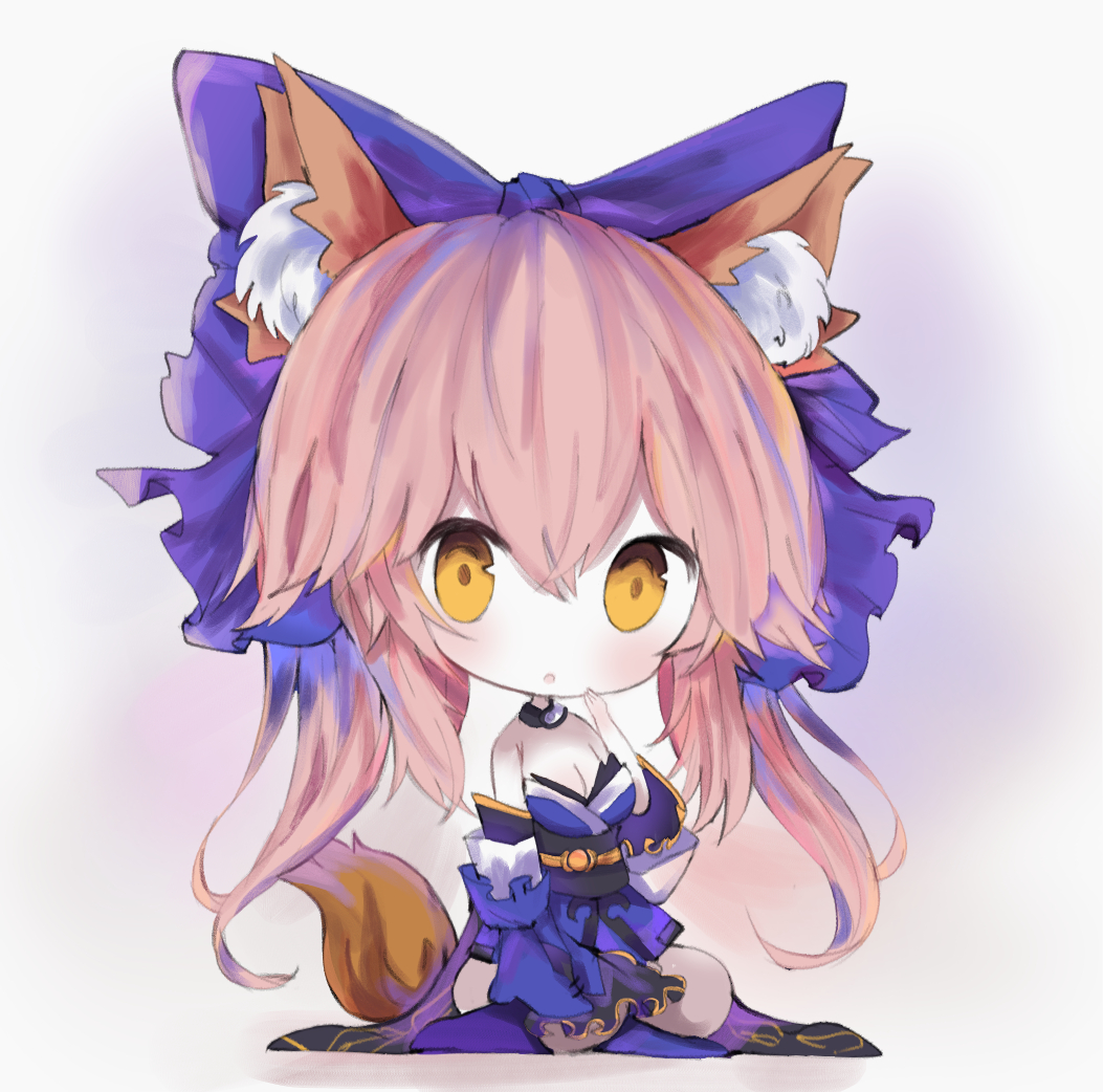 1girl :o animal_ear_fluff animal_ears bangs blue_bow blue_kimono blue_sleeves blush bow breasts brown_eyes chibi cleavage cottontailtokki detached_sleeves fate/extra fate_(series) fox_ears fox_girl fox_tail full_body hair_between_eyes hair_bow hand_up japanese_clothes kimono long_hair long_sleeves looking_at_viewer medium_breasts obi parted_lips pink_hair sash sitting sleeves_past_fingers sleeves_past_wrists solo strapless tail tail_raised tamamo_(fate)_(all) tamamo_no_mae_(fate) very_long_hair wide_sleeves