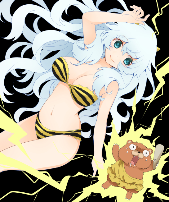 1girl animal_print aqua_eyes artemis_(fate/grand_order) bangs bikini black_background closed_mouth commentary_request constricted_pupils curly_hair drooling eyebrows_visible_through_hair fate/grand_order fate_(series) hair_between_eyes light_blue_hair long_hair looking_at_viewer oni oni_horns orion_(fate/grand_order) simple_background sketch_eyebrows smile stuffed_animal stuffed_toy tamaoka_kagari tareme teddy_bear tiger_print very_long_hair
