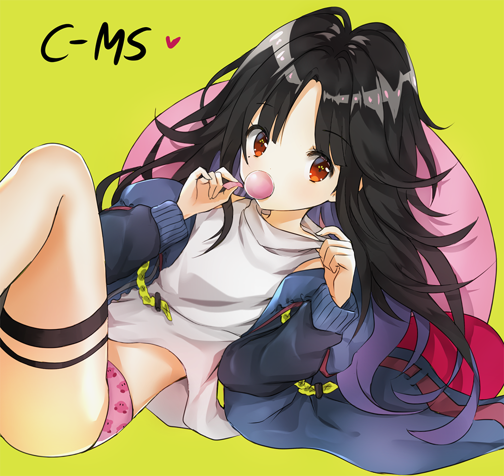 1girl bangs black_hair blue_jacket blush c-ms_(girls_frontline) character_name commentary covered_mouth eyebrows_visible_through_hair fingernails girls_frontline green_background hands_up heart jacket kirby kirby_(series) long_hair long_sleeves looking_at_viewer lying melynx_(user_aot2846) multicolored_hair nintendo on_back open_clothes open_jacket panties parted_bangs pink_panties purple_hair red_eyes revision shirt simple_background sleeveless sleeveless_shirt solo thigh_strap two-tone_hair underwear very_long_hair white_shirt