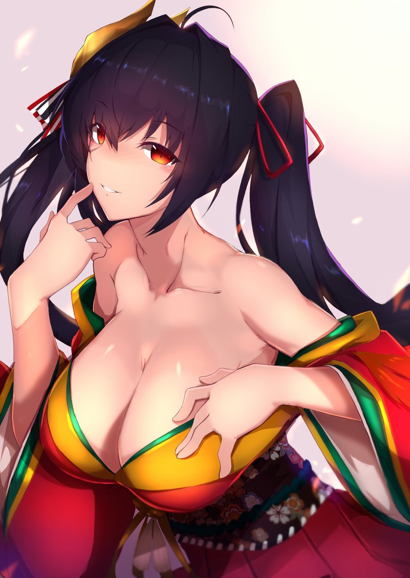 1girl ahoge azur_lane bangs bare_shoulders black_hair blush breasts cleavage collarbone crossed_bangs eyebrows_visible_through_hair feathers finger_to_cheek hair_between_eyes hand_on_own_chest huge_breasts japanese_clothes kimono large_breasts long_hair looking_at_viewer mask mask_on_head obi off_shoulder parted_lips red_eyes red_kimono red_ribbon ribbon saisarisu sash shiny shiny_skin sidelocks smile solo striped striped_ribbon taihou_(azur_lane) twintails upper_body very_long_hair wide_sleeves