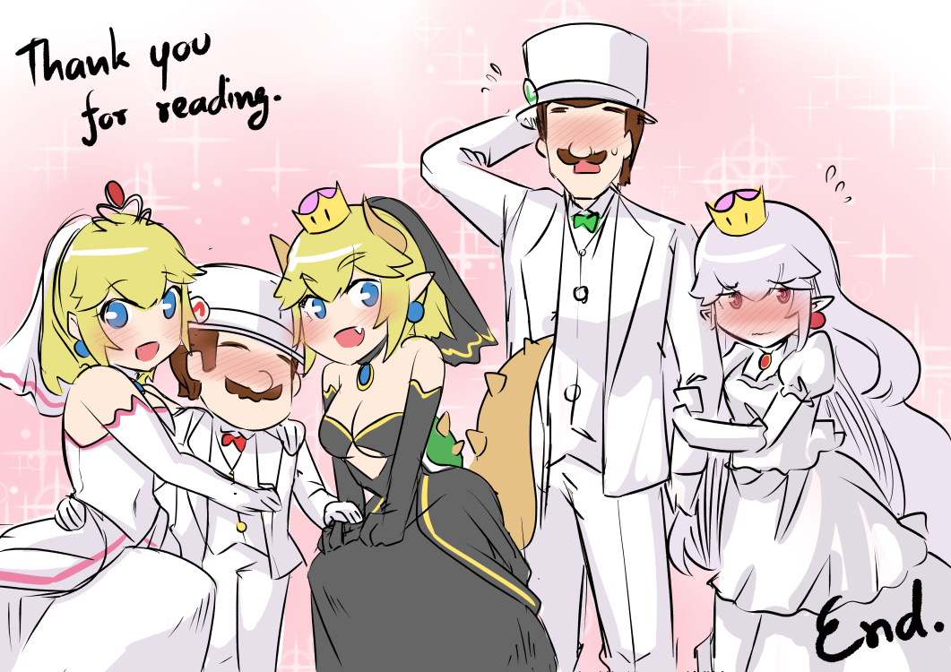 2boys 3girls alternate_costume arm_hug bare_shoulders black_dress blonde_hair blue_earrings blush bouquet bowsette bridal_veil cleavage_cutout comic crying crying_with_eyes_open dress english fang flower flying_sweatdrops formal full-face_blush good_end height_difference horns husband_and_wife husband_and_wife_and_wife lavender_hair long_hair looking_at_viewer looking_back luigi luigi's_mansion super_mario_bros. multiple_boys multiple_girls new_super_mario_bros._u_deluxe nintendo nose_blush ponytail princess_king_boo princess_peach red_earrings sesield short_hair shy strapless strapless_dress streaming_tears suit super_crown super_mario_odyssey tears veil very_long_hair wedding_dress white_dress white_suit
