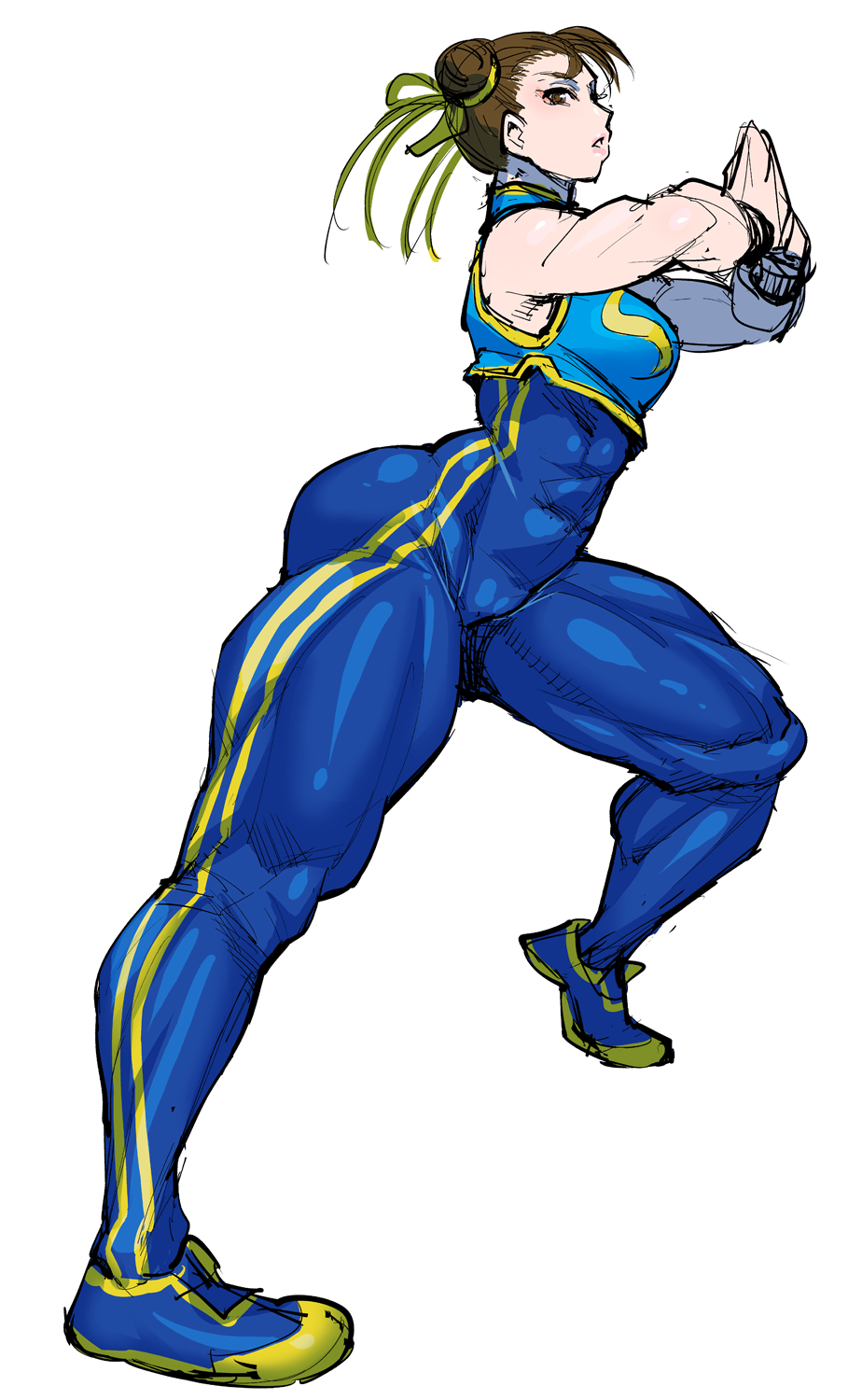 1girl abs alternate_costume blue_bodysuit bodysuit breasts brown_eyes brown_hair capcom chun-li double_bun from_side full_body hair_ribbon highres medium_breasts palm-fist_greeting pink_lips ribbon shoes sleeveless sneakers solo street_fighter street_fighter_zero_(series) synecdoche thick_thighs thighs vest white_background yellow_ribbon