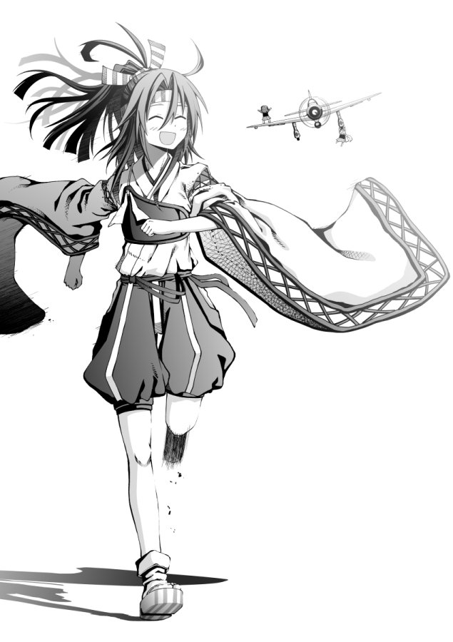 1girl aircraft airplane akaneharu_ohkami commentary_request fairy_(kantai_collection) geta greyscale hachimaki hair_between_eyes headband high_ponytail japanese_clothes kantai_collection kimono long_hair long_sleeves monochrome muneate ponytail running shadow smile white_background wide_sleeves zuihou_(kantai_collection)