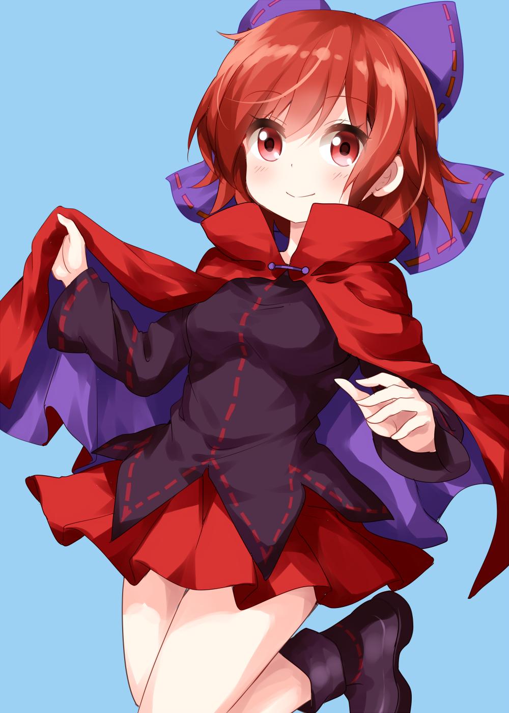 1girl bangs black_footwear black_shirt blue_background blush boots bow breasts cape commentary_request eyebrows_visible_through_hair hair_bow high_collar highres jumping long_sleeves looking_at_viewer medium_breasts miniskirt pleated_skirt purple_bow red_cape red_eyes red_skirt redhead ribbon-trimmed_bow ribbon_trim ruu_(tksymkw) sekibanki shirt short_hair simple_background skirt smile solo thighs touhou