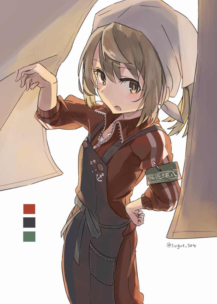 1girl alternate_costume alternate_hairstyle anchor_symbol armband bandanna black_apron brown_eyes commentary_request feet_out_of_frame hand_on_hip jacket kantai_collection light_brown_hair looking_at_viewer michishio_(kantai_collection) noren pants red_jacket red_pants simple_background solo standing sugue_tettou track_jacket track_pants track_suit twitter_username white_background