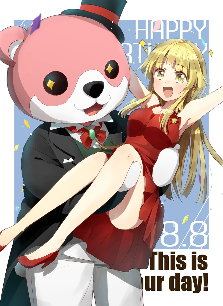 +_+ 2girls :3 :d animal_costume arm_up armpits bang_dream! bangs bear_costume bear_tail black_hat black_jacket blonde_hair bow bowtie brooch carrying confetti dated dress eyebrows_visible_through_hair formal happy_birthday harusawa hat high_heels jacket jewelry long_hair looking_at_viewer mascot_costume michelle_(bang_dream!) multiple_girls open_mouth pants princess_carry red_dress red_footwear red_neckwear sidelocks smile sparkle star suit tail top_hat tsurumaki_kokoro white_pants yellow_eyes