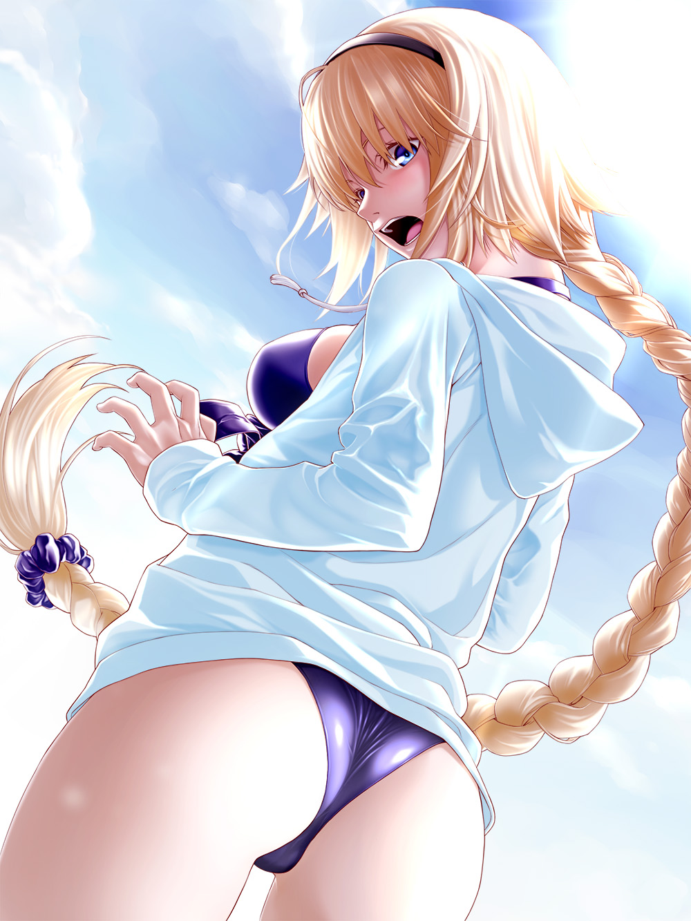 1girl :o ass black_hairband blonde_hair blue_eyes blue_hoodie braid breasts commentary_request embarrassed fate/grand_order fate_(series) fenrir_(fenlil0316) from_behind from_below hair_ornament hair_scrunchie hairband highres hood hood_down jeanne_d'arc_(fate)_(all) jeanne_d'arc_(swimsuit_archer) large_breasts long_braid long_hair looking_at_viewer looking_back purple_swimsuit scrunchie single_braid solo swimsuit very_long_hair