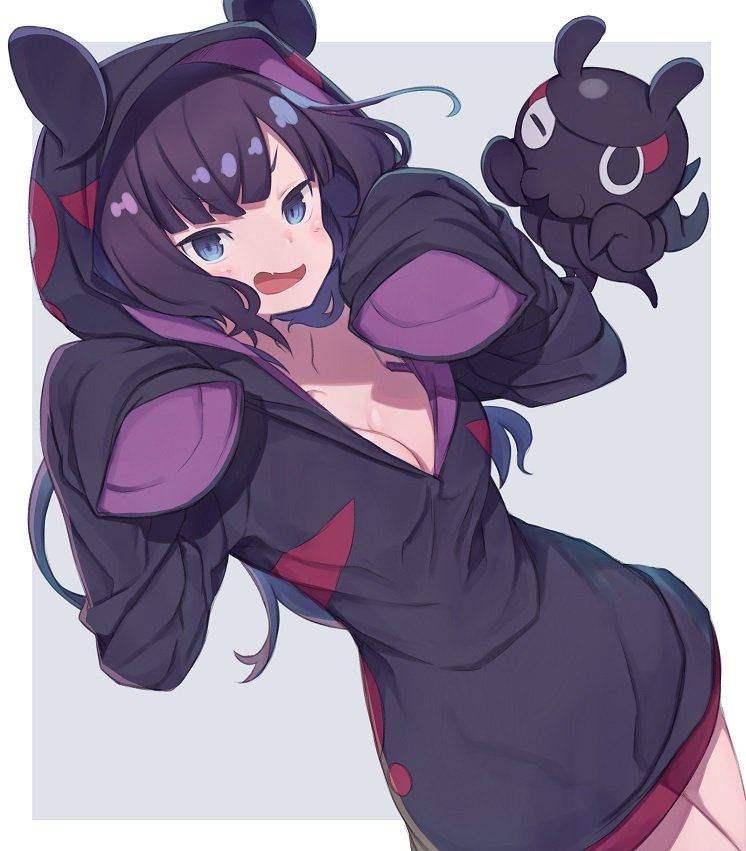 1girl animal_hood bangs blue_eyes blush breasts cleavage commentary_request cowboy_shot dutch_angle eyebrows_visible_through_hair fang fate/grand_order fate_(series) hood hood_up hoodie katsushika_hokusai_(fate/grand_order) long_sleeves looking_at_viewer medium_breasts octopus open_mouth purple_hair short_hair sleeves_past_fingers sleeves_past_wrists smug solo tokitarou_(fate/grand_order) totatokeke two-tone_background v-shaped_eyebrows