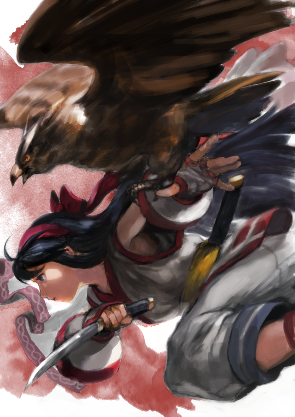 1girl ahoge attack bird bird_on_arm black_hair bow breasts dagger fingerless_gloves from_side gloves hair_bow hawk highres long_hair mamahaha matsuba_(idiotlantern) nakoruru nose outstretched_arm pants reverse_grip samurai_spirits small_breasts the_king_of_fighters weapon white_gloves