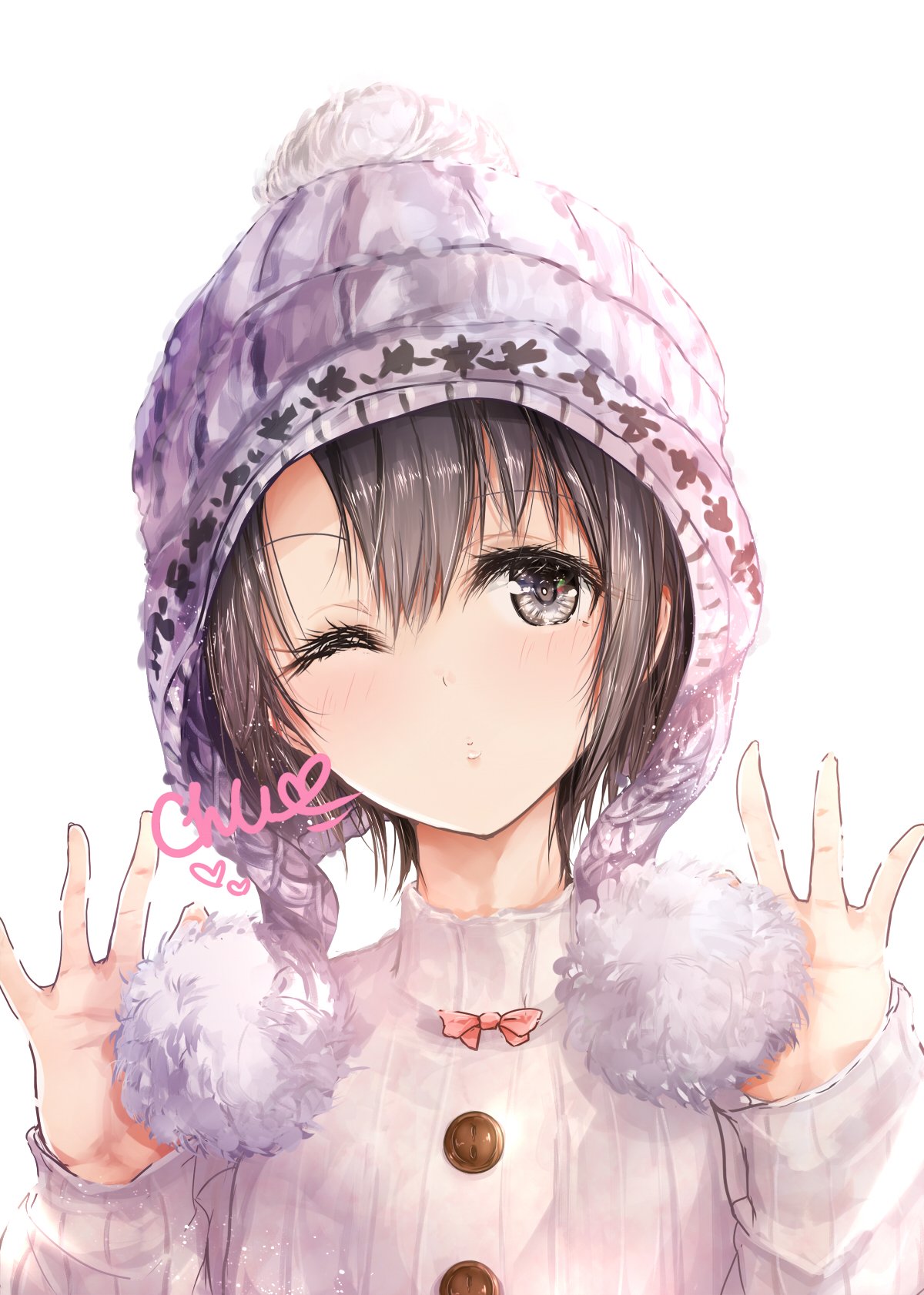 1girl black_eyes commentary_request grey_hair highres idolmaster idolmaster_cinderella_girls knit_hat one_eye_closed otokura_yuuki pom_pom_(clothes) redeye_(artist) short_hair solo sweater turtleneck turtleneck_sweater upper_body white_background