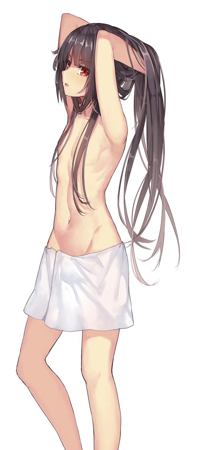 1boy :o adjusting_hair armpits arms_behind_head arms_up brown_hair collarbone eyebrows_visible_through_hair highres long_hair looking_at_viewer looking_to_the_side navel original otoko_no_ko red_eyes solo standing towel weiyinji_xsk white_background