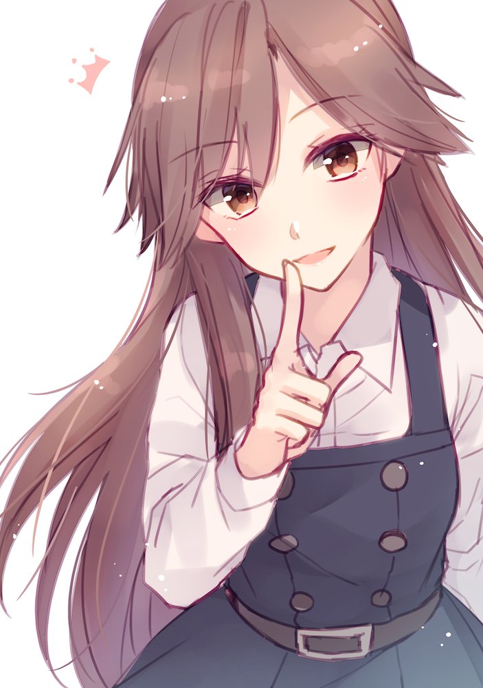 arashio_(kantai_collection) bangs belt brown_eyes brown_hair buttons commentary crown dress hair_between_eyes kantai_collection long_hair long_sleeves pinafore_dress pointing pointing_at_self remodel_(kantai_collection) ri_(aya_pine) school_uniform shirt swept_bangs white_background white_shirt