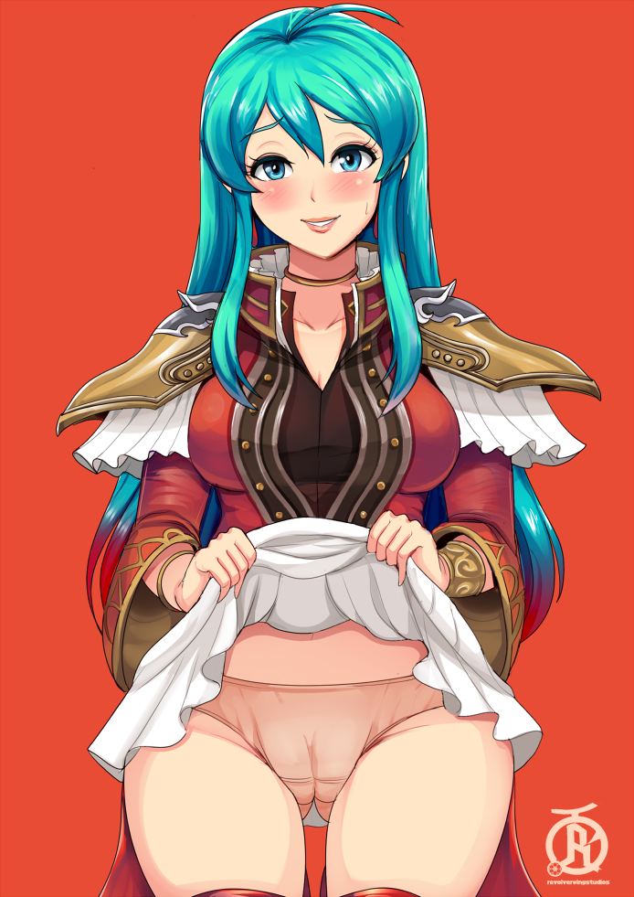 1girl aqua_hair armor blue_eyes blush breastplate breasts cape choker clothing_aside commentary eirika english_commentary facing_viewer fire_emblem fire_emblem:_seima_no_kouseki fire_emblem_heroes hair_between_eyes large_breasts lifted_by_self long_hair nintendo panties pauldrons revolverwing shoulder_armor skirt skirt_lift smile standing thigh-highs underwear wide_sleeves