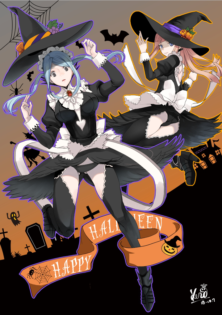 2girls black_panties blue_eyes blue_hair breasts closed_mouth dated felicia_(fire_emblem_if) fire_emblem fire_emblem_if flora_(fire_emblem_if) from_side gem grey_eyes happy_halloween hat high_heels juliet_sleeves kero_sweet large_breasts leg_up long_hair long_sleeves looking_to_the_side maid maid_headdress multiple_girls nintendo panties parted_lips pink_hair puffy_sleeves siblings signature sisters smile twintails underwear witch_hat