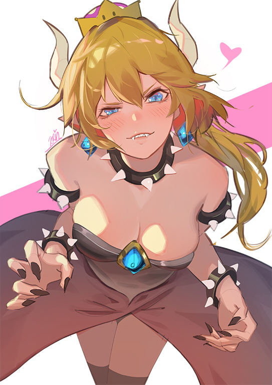 1girl armlet bare_shoulders black_legwear black_nails blue_earrings blue_eyes blush bowsette bracelet breasts cleavage collar collarbone crown earrings fangs heart horns jewelry krin looking_at_viewer super_mario_bros. medium_breasts nail_polish new_super_mario_bros._u_deluxe nintendo pointy_ears signature solo spiked_armlet spiked_bracelet spiked_collar spikes super_crown thigh-highs