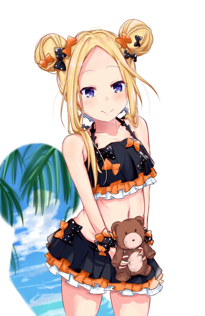 1girl abigail_williams_(fate/grand_order) bangs bare_shoulders bikini black_bikini black_bow blonde_hair blue_eyes blush bow breasts closed_mouth collarbone double_bun emerald_float fate/grand_order fate_(series) forehead frilled_bikini frills hair_bow highres holding holding_stuffed_animal kire_(hayagu) long_hair looking_at_viewer navel orange_bow parted_bangs polka_dot polka_dot_bow small_breasts smile solo stuffed_animal stuffed_toy swimsuit teddy_bear thighs waist