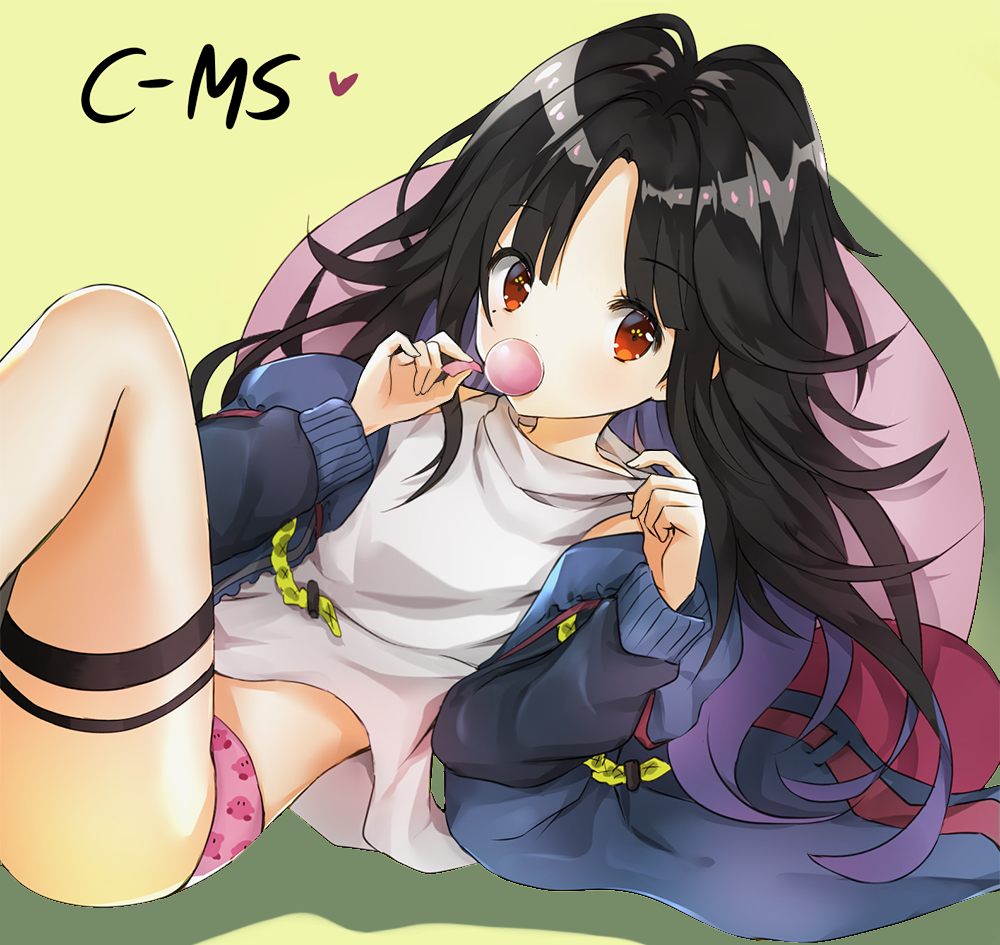 1girl bangs black_hair blue_jacket blush c-ms_(girls_frontline) character_name covered_mouth eyebrows_visible_through_hair fingernails girls_frontline green_background hands_up heart jacket kirby kirby_(series) long_hair long_sleeves looking_at_viewer lying melynx_(user_aot2846) multicolored_hair nintendo on_back open_clothes open_jacket panties parted_bangs pink_panties purple_hair red_eyes revision shadow shirt simple_background sleeveless sleeveless_shirt solo thigh_strap two-tone_hair underwear very_long_hair white_shirt