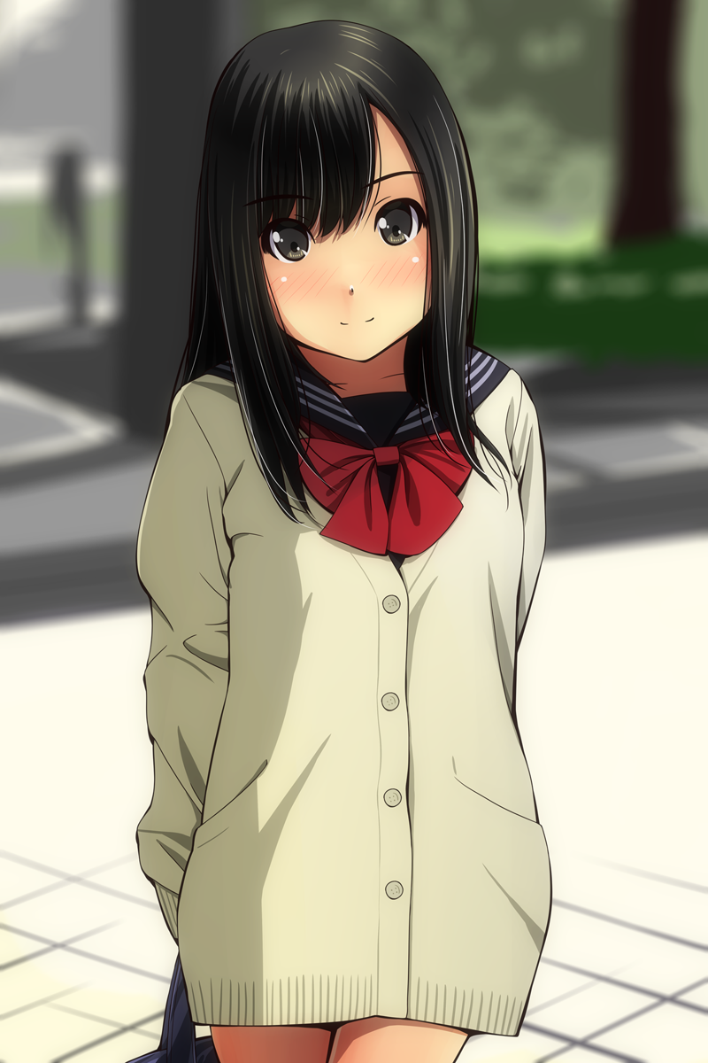 1girl bag bangs black_eyes black_hair black_sailor_collar blurry blurry_background blush bow brown_cardigan cardigan closed_mouth commentary_request cowboy_shot day depth_of_field eyebrows_visible_through_hair hair_between_eyes head_tilt highres holding holding_bag long_hair long_sleeves matsunaga_kouyou nose_blush original outdoors red_bow sailor_collar school_bag school_uniform serafuku sleeves_past_fingers sleeves_past_wrists smile solo standing