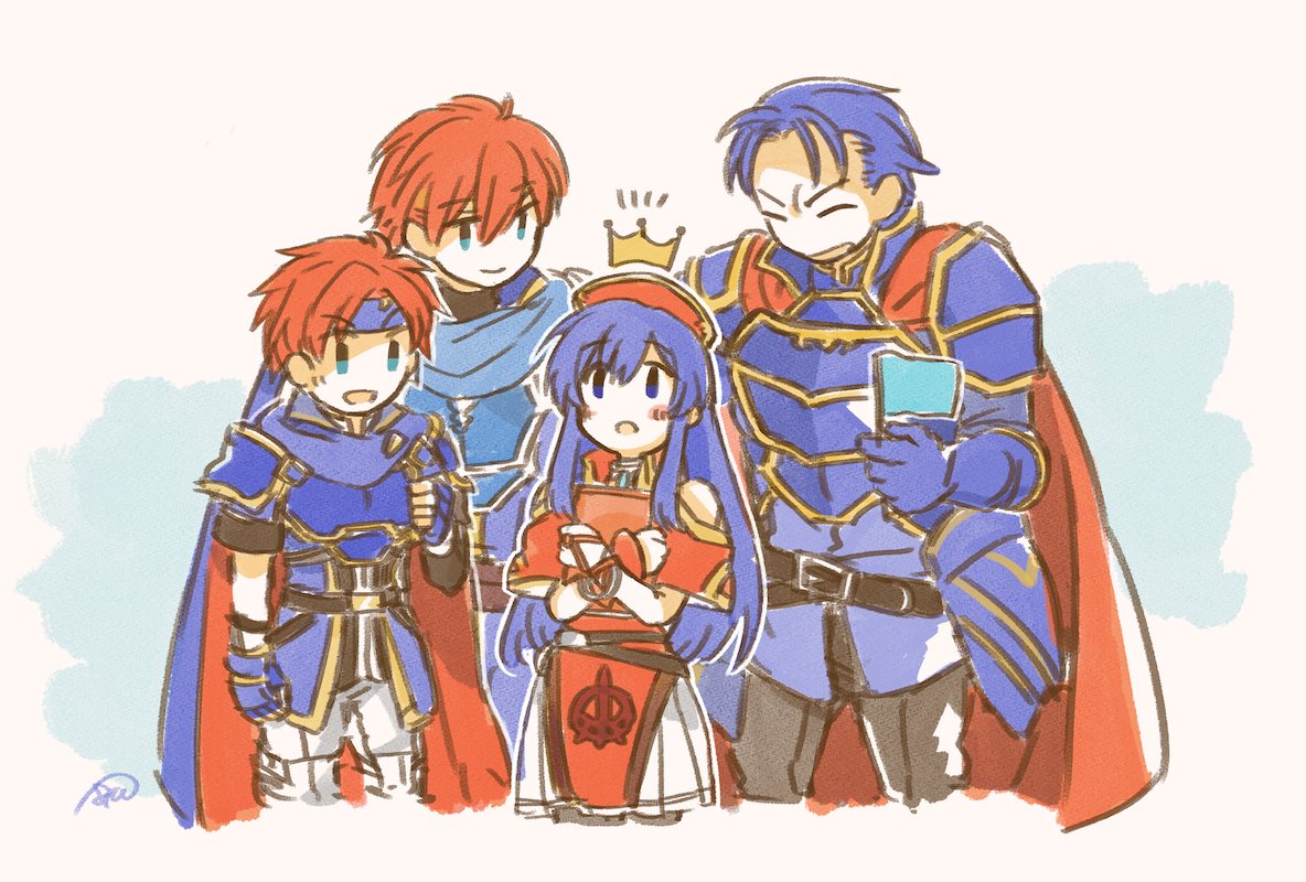 1girl armor blue_eyes blue_hair cape couple dress eliwood_(fire_emblem) father_and_daughter father_and_son fire_emblem fire_emblem:_fuuin_no_tsurugi fire_emblem:_rekka_no_ken fire_emblem_heroes hat headband hector_(fire_emblem) lilina long_hair murabito_ba nintendo red_eyes redhead roy_(fire_emblem) short_hair simple_background smile