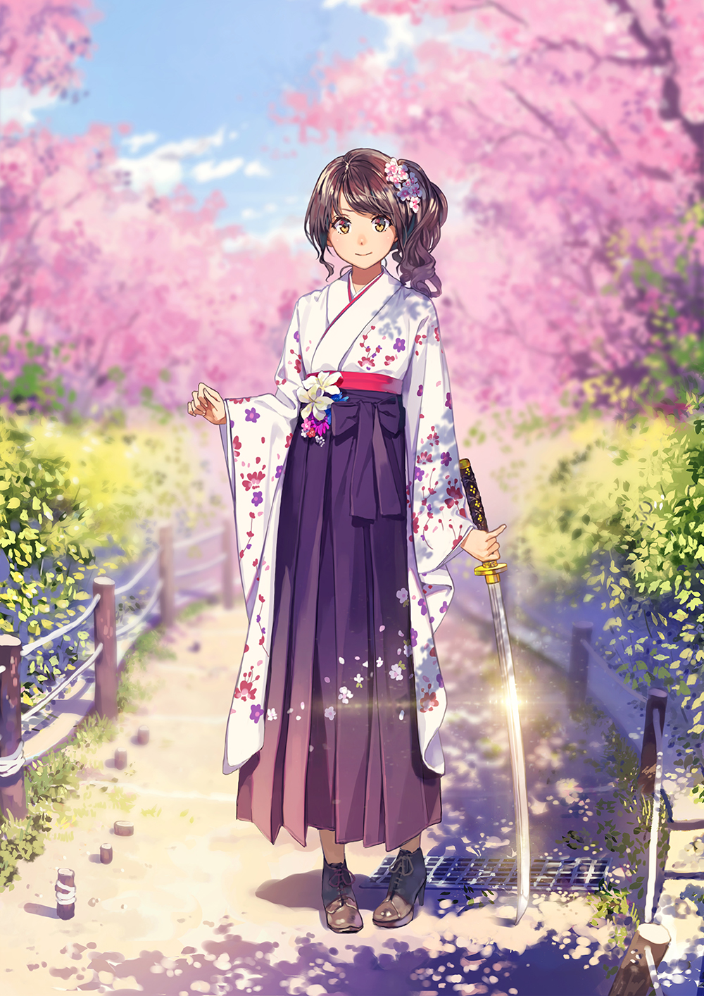 1girl ankle_boots arm_at_side bangs blue_sky blush boots brown_footwear bush cherry_blossoms closed_mouth clouds commentary commentary_request day english_commentary fence fingernails floral_print flower full_body glint hair_flower hair_ornament hakama hand_up high_heel_boots high_heels highres holding holding_sword holding_weapon japanese_clothes katana kimono lens_flare long_hair looking_at_viewer nose_blush original outdoors partial_commentary path pigeon-toed pink_flower plant print_kimono purple_hakama purple_ribbon ribbon road shadow shiny shiny_hair sidelocks sky smile solo spring_(season) standing sunlight swept_bangs sword tree v-shaped_eyebrows weapon white_flower white_kimono yohan12