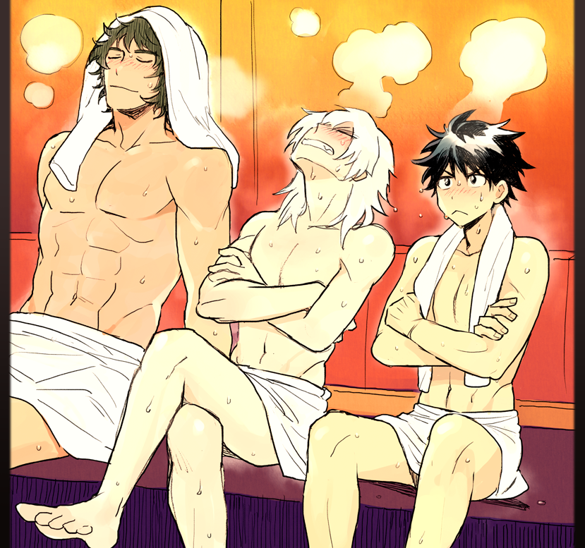 3boys :&lt; abs blue_hair blush collarbone curly_hair enjouji_michiru idolmaster idolmaster_side-m kizaki_ren legs_crossed male_focus multiple_boys naked_towel navel ponytail sauna silver_hair sitting sweat taiga_takeru the_kogado towel towel_on_head u_(uuupixi)