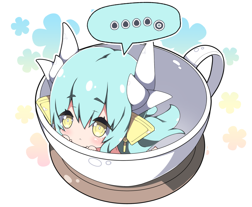 ... 1girl :&lt; aqua_hair bangs blush closed_mouth commentary_request cup dragon_horns eyebrows_visible_through_hair fate/grand_order fate_(series) hair_between_eyes headgear horns in_container in_cup kiyohime_(fate/grand_order) long_hair looking_at_viewer milkpanda minigirl solo spoken_ellipsis very_long_hair yellow_eyes