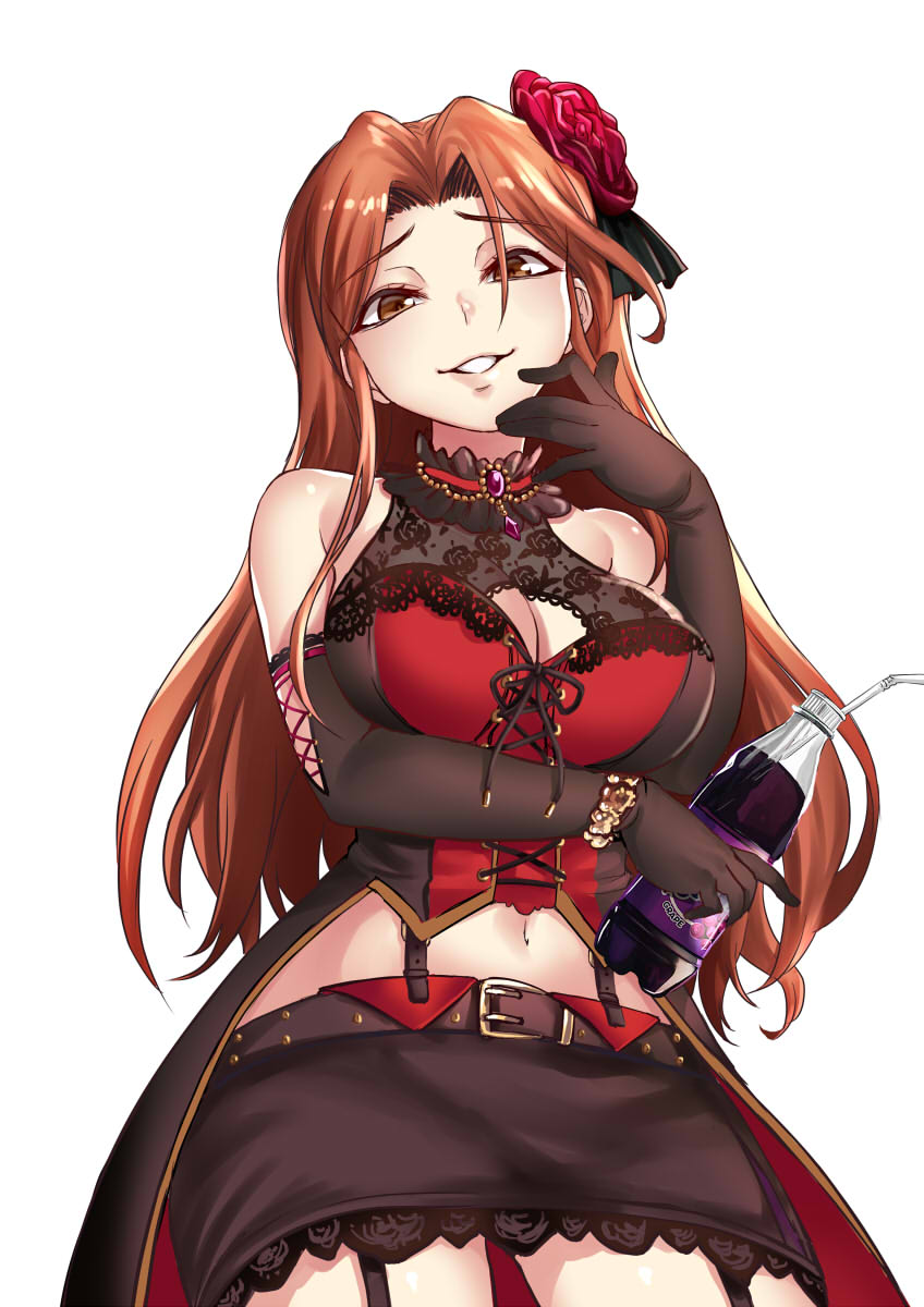 1girl bare_shoulders black_gloves bottle breasts brown_eyes brown_hair cleavage collar cowboy_shot drinking_straw elbow_gloves flower frilled_collar frills garter_straps gloves hair_flower hair_ornament halterneck hand_to_own_mouth highres idolmaster idolmaster_cinderella_girls kaorihero long_hair looking_at_viewer medium_breasts midriff miniskirt navel simple_background skirt sleeveless smirk smug solo standing white_background zaizen_tokiko