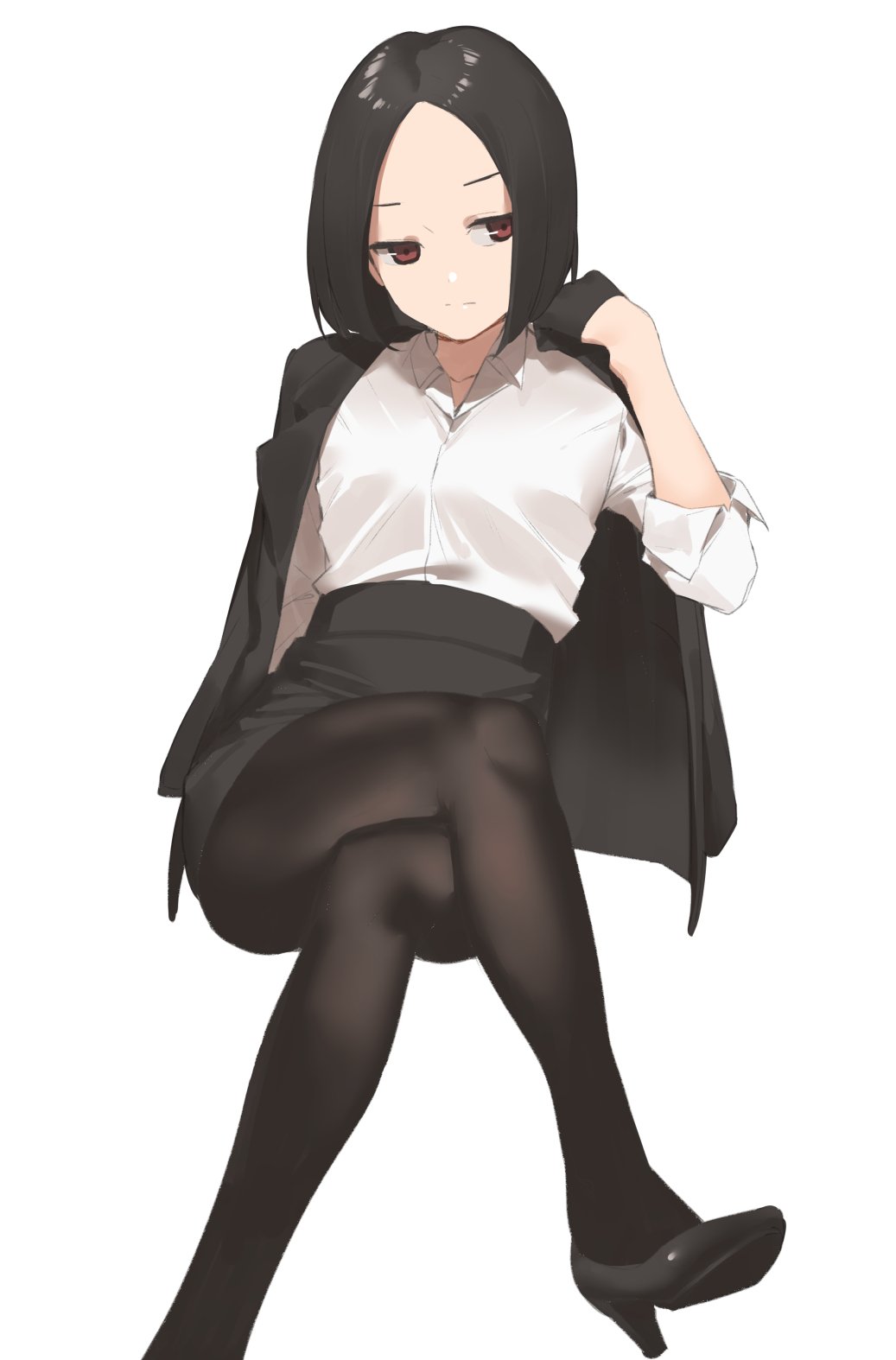 1girl 2l_(2lsize) black_footwear black_hair black_legwear brown_eyes closed_mouth forehead high_heels highres jacket_on_shoulders jitome legs_crossed long_sleeves office_lady original pantyhose red_eyes short_hair simple_background sitting sleeves_rolled_up solo tsurime white_background