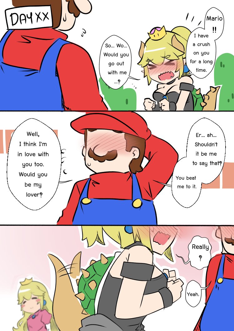 1boy 2girls bare_shoulders black_dress blonde_hair blue_earrings blue_eyes blurry blurry_background blush blush_stickers bowsette cabbie_hat comic confession dress engrish faceless hand_behind_head happy hat head_out_of_frame horns long_hair super_mario_bros. multiple_girls new_super_mario_bros._u_deluxe nintendo nose_blush overalls pink_dress ponytail princess_peach ranguage red_shirt sesield shirt short_hair strapless strapless_dress super_crown