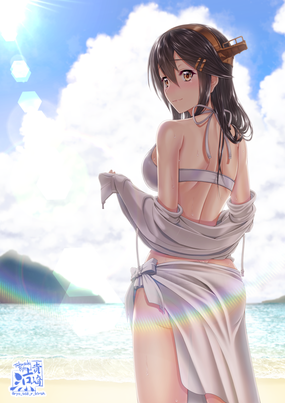 1girl alternate_costume artist_logo ass back bangs bare_shoulders beach bikini black_hair blue_sky blush breasts closed_mouth clouds day from_behind hair_ornament hairband hairclip haruna_(kantai_collection) headgear highres jacket kantai_collection large_breasts long_hair looking_at_viewer looking_back ocean off_shoulder outdoors remodel_(kantai_collection) sarong shoulder_blades sidelocks signature sky smile solo sunlight swimsuit takasaki_ryou wet white_bikini white_sarong