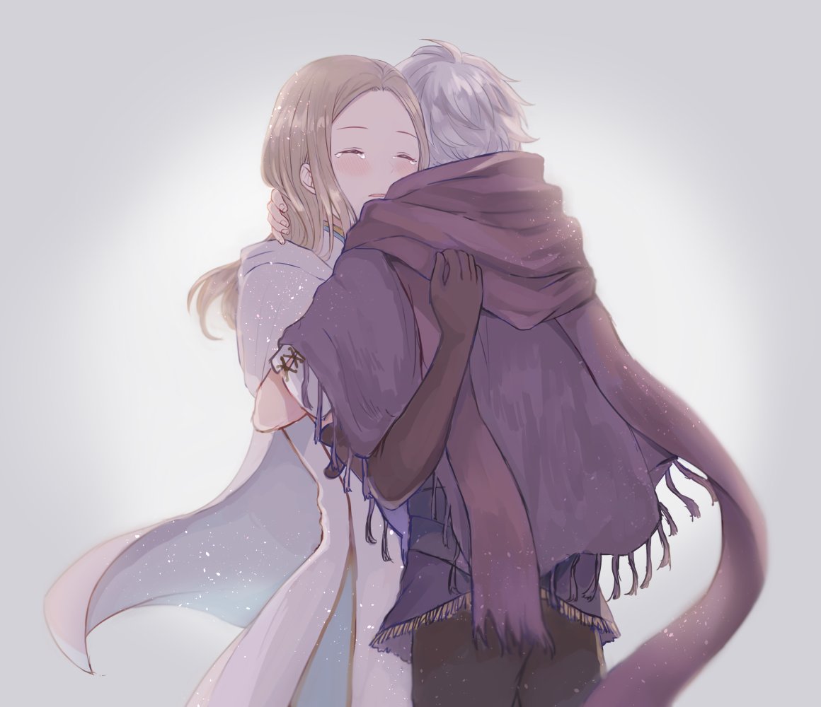 1boy 1girl blonde_hair bracelet cape closed_eyes dress gloves hair_over_one_eye hug jewelry long_hair octopath_traveler open_mouth ophilia_(octopath_traveler) scarf short_hair simple_background smile therion_(octopath_traveler) white_hair wspread