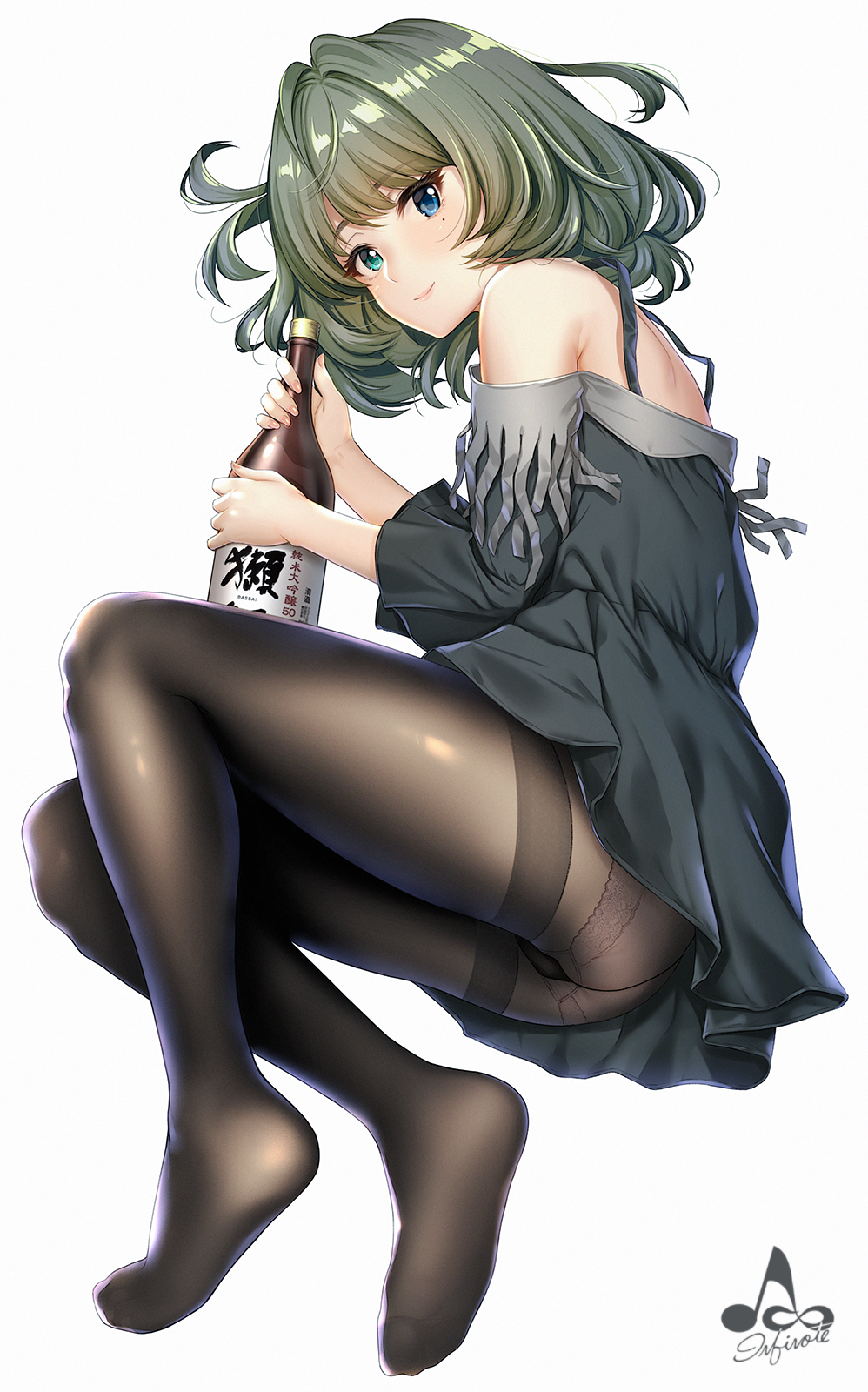 1girl alcohol artist_name bangs bare_shoulders blue_eyes bottle breasts collarbone cursive dress eyebrows_visible_through_hair green_dress green_eyes green_hair gusset heterochromia highres idolmaster idolmaster_cinderella_girls infinote jewelry looking_at_viewer medium_breasts mole necklace no_shoes off_shoulder panties panties_under_pantyhose pantyhose sake sake_bottle short_hair smile solo takagaki_kaede thighband_pantyhose underwear white_background