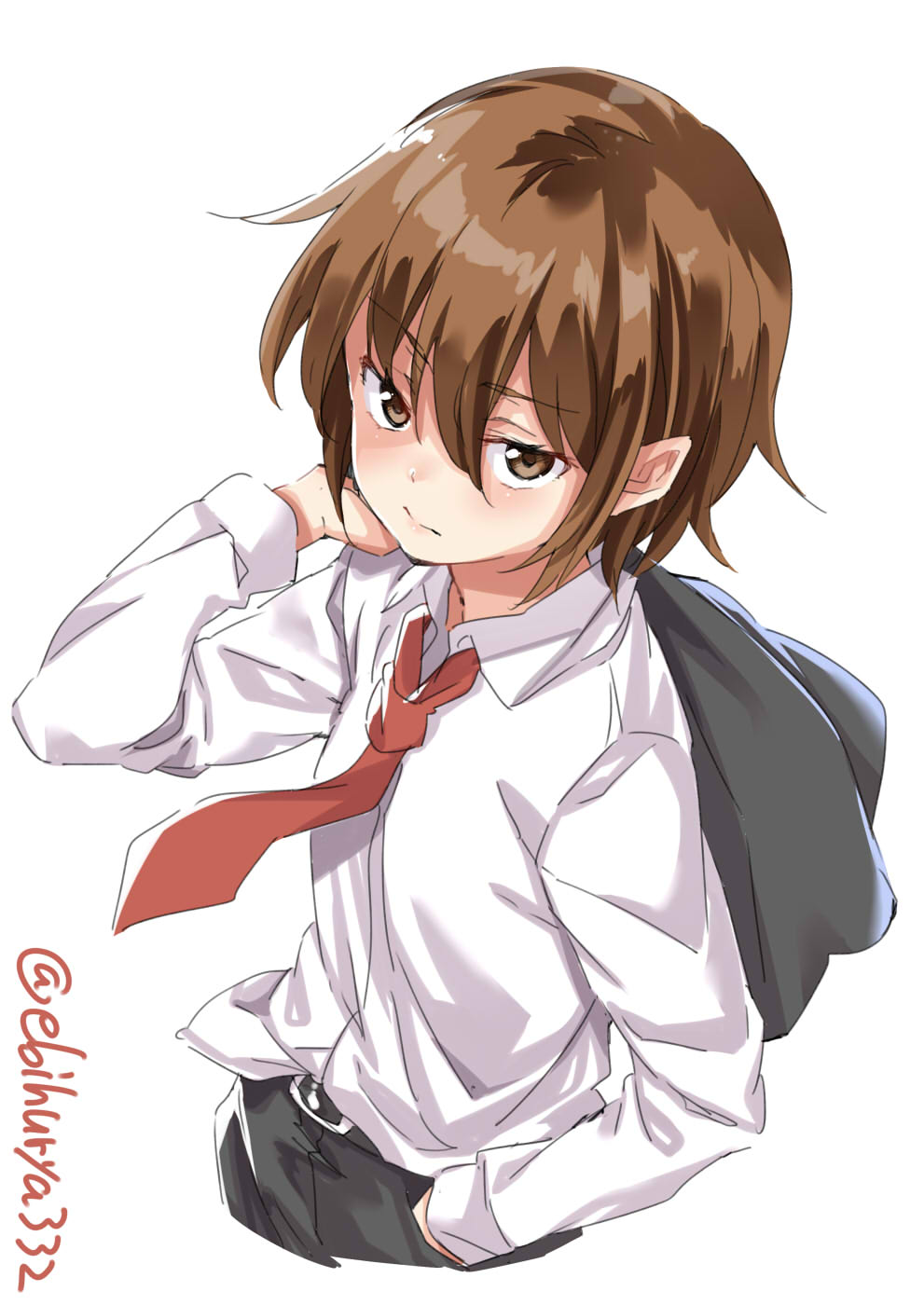 1girl belt black_pants blush brown_eyes brown_hair closed_mouth ebifurya eyebrows_visible_through_hair hair_between_eyes highres kantai_collection long_sleeves looking_at_viewer necktie pants school_uniform shirt short_hair simple_background solo twitter_username wakaba_(kantai_collection) white_background white_shirt