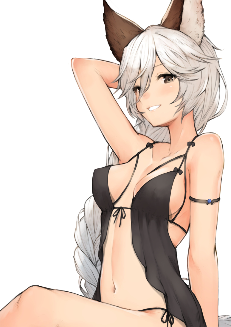 animal_ears arm_strap arm_support arm_up backless_outfit bangs bare_legs bare_shoulders black_panties blush braid breasts cat_ears collarbone erect_nipples erune eyebrows_visible_through_hair granblue_fantasy hair_between_eyes hair_intakes heles koretsuki_azuma long_braid long_hair looking_at_viewer medium_breasts navel panties parted_lips side-tie_panties sideboob silver_hair simple_background single_braid sleepwear thighs underwear very_long_hair white_background yellow_eyes