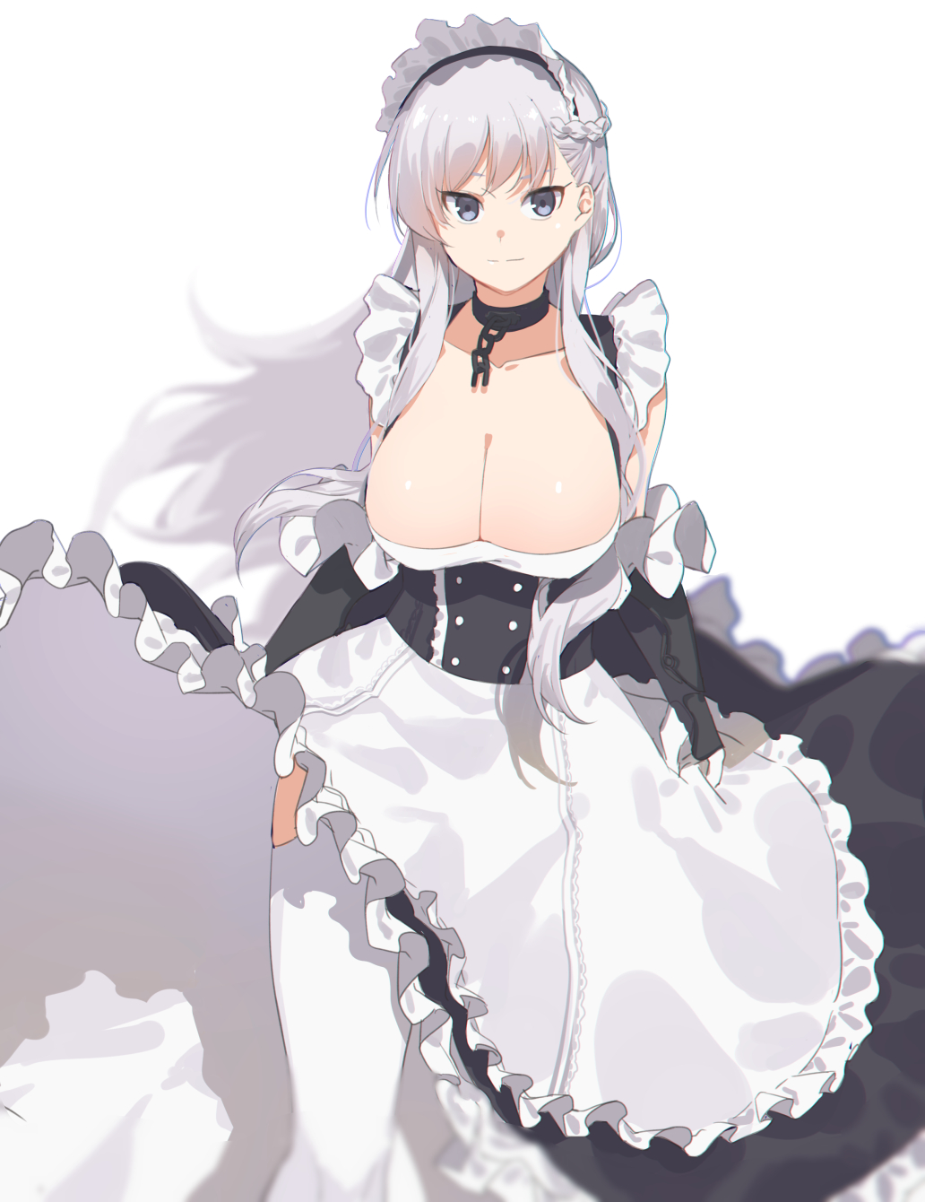 1girl 2l_(2lsize) apron azur_lane bangs belfast_(azur_lane) blue_eyes blurry braid breasts cleavage closed_mouth crown_braid depth_of_field dress frilled_dress frills highres huge_breasts long_hair looking_at_viewer maid maid_headdress silver_hair simple_background solo standing thigh-highs tsurime waist_apron white_background white_legwear