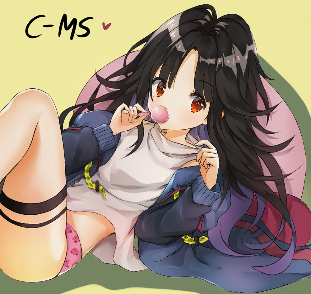 1girl bangs black_hair blue_jacket blush c-ms_(girls_frontline) character_name covered_mouth eyebrows_visible_through_hair fingernails girls_frontline green_background hands_up heart jacket kirby kirby_(series) long_hair long_sleeves looking_at_viewer lying melynx_(user_aot2846) multicolored_hair nintendo on_back open_clothes open_jacket panties parted_bangs pink_panties purple_hair red_eyes revision shadow shirt simple_background sleeveless sleeveless_shirt solo thigh_strap two-tone_hair underwear very_long_hair white_shirt