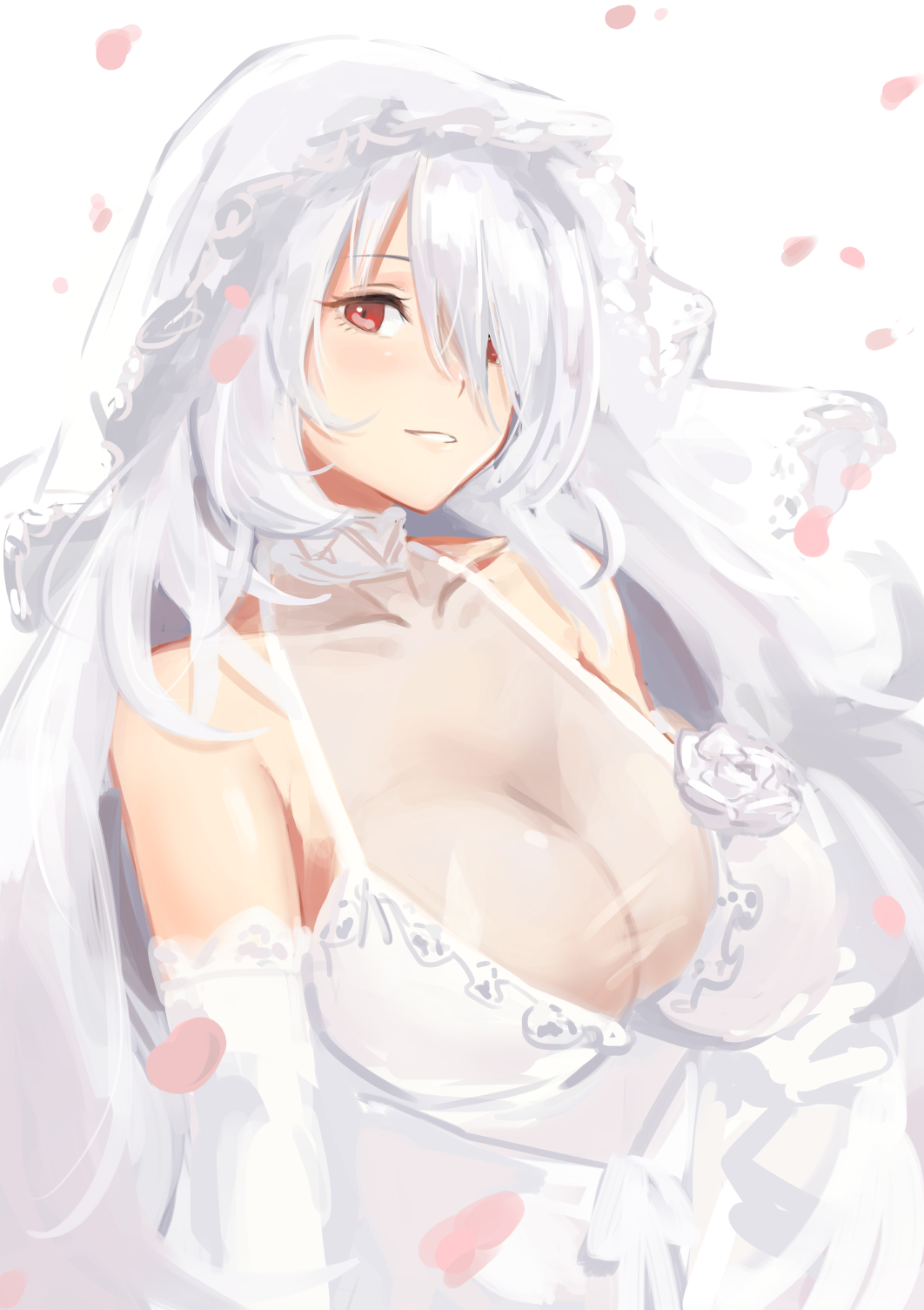 1girl alternate_costume bangs blush breasts bridal_veil cleavage collarbone dress elbow_gloves girls_frontline gloves hair_over_one_eye head_tilt highres large_breasts long_hair looking_at_viewer messy_hair parted_lips petals pk_(girls_frontline) red_eyes see-through sidelocks silver_hair smile solo takagaki_eru taut_clothes taut_dress upper_body veil very_long_hair wedding_dress white_dress white_gloves