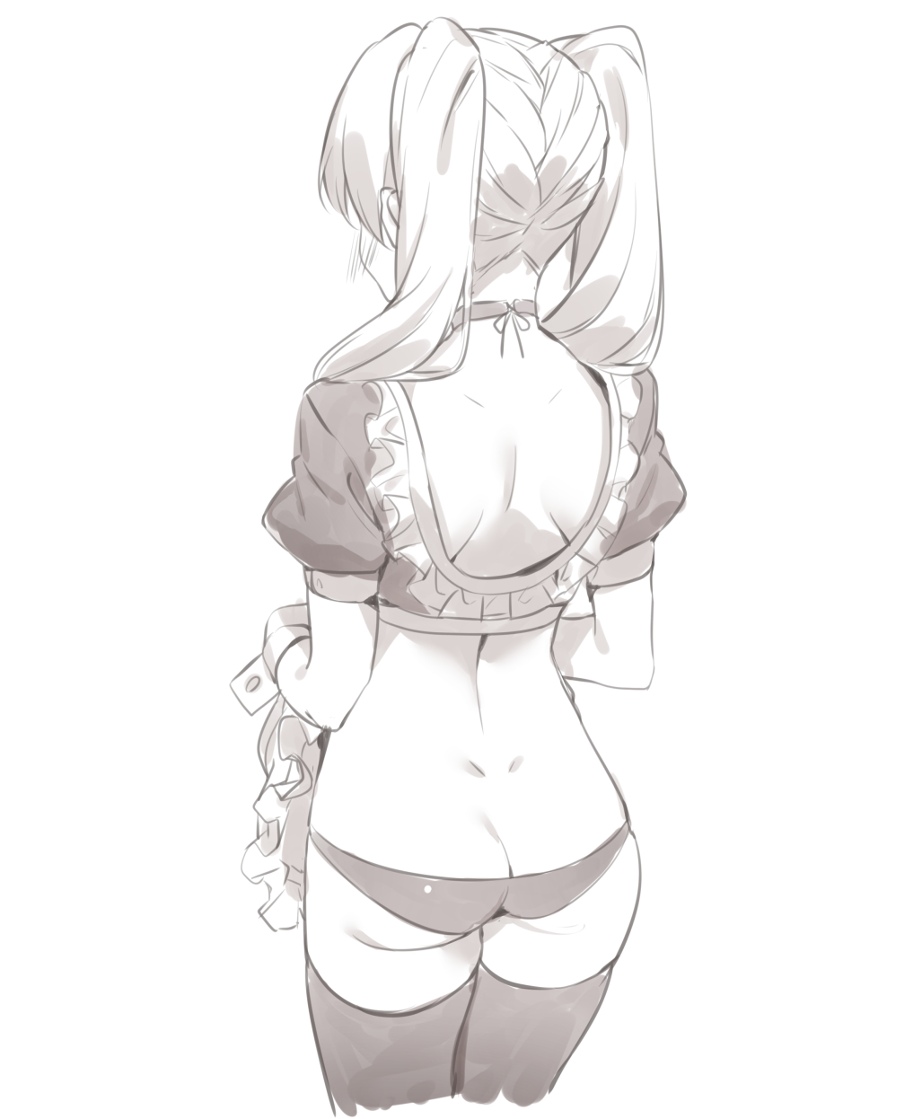 1girl 2l_(2lsize) apron ass blush butt_crack choker commentary_request cowboy_shot dimples_of_venus facing_away frill_trim from_behind greyscale hidden_face highres long_hair monochrome original simple_background solo thigh-highs twintails white_background wrist_cuffs