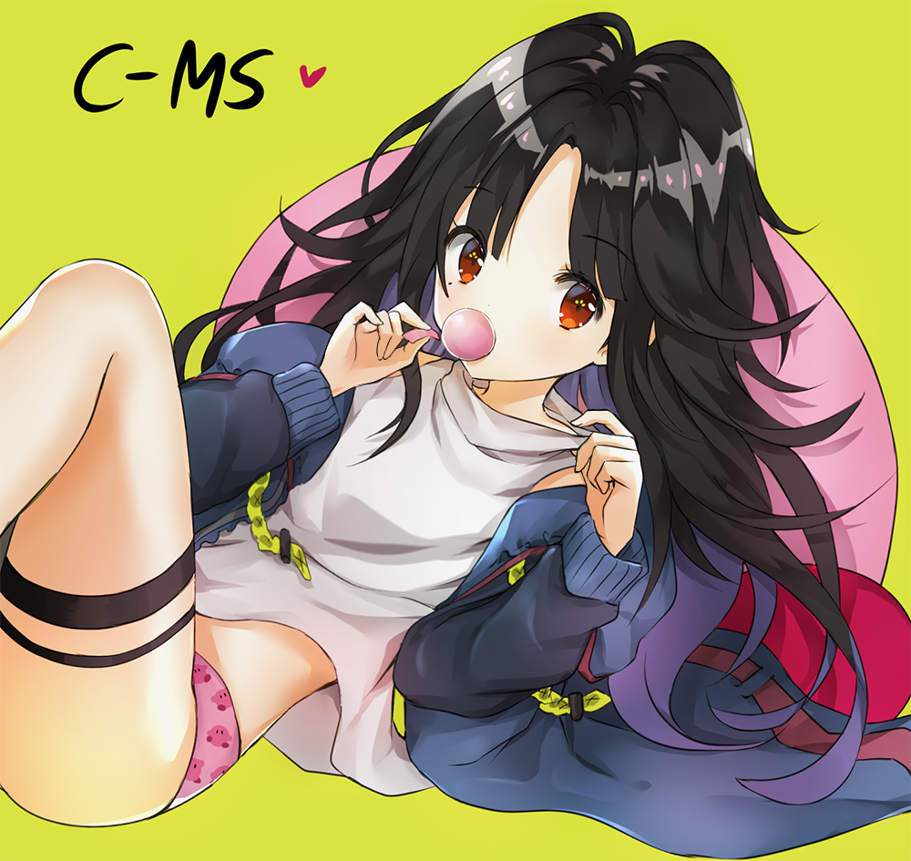 1girl bangs black_hair blue_jacket blush c-ms_(girls_frontline) character_name commentary covered_mouth eyebrows_visible_through_hair fingernails girls_frontline green_background hands_up heart jacket kirby kirby_(series) long_hair long_sleeves looking_at_viewer lying melynx_(user_aot2846) multicolored_hair nintendo on_back open_clothes open_jacket panties parted_bangs pink_panties purple_hair red_eyes revision shirt simple_background sleeveless sleeveless_shirt solo thigh_strap two-tone_hair underwear very_long_hair white_shirt