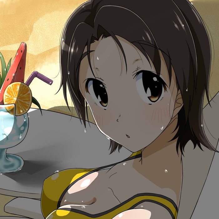 1girl bangs bikini breasts brown_eyes brown_hair chains cleavage commentary_request day drinking_straw eyebrows_visible_through_hair face food from_side fruit glasses light_frown looking_at_viewer medium_breasts nana_(manaita_koumuten) orange outdoors parted_bangs parted_lips sandals sawa_azusa short_hair sitting solo swimsuit table watermelon wet yellow_bikini